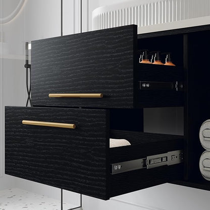 40" Modern Black Bathroom Vanity Floating Bathroom Vanities with Above Oval Ceramic Sink 40-inch Wall Mounted Wooden Bathroom Sink Cabinet with 2 Drawers&2 Open Shelves&Gold Metal Handle