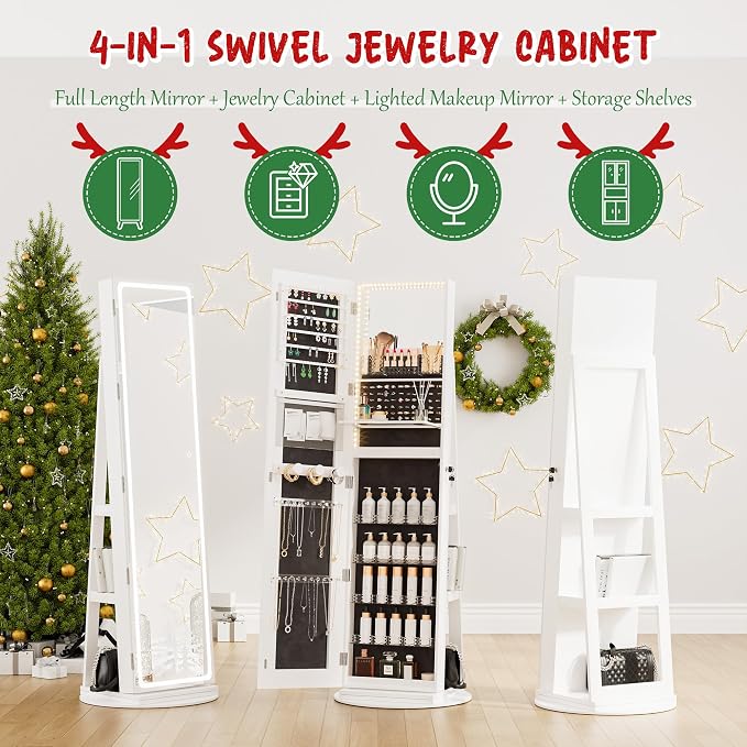 NUNU LAB LED Mirror Jewelry Cabinet Standing, Jewelry Armoire with Full Length Mirror, 360° Swivel Jewelry Cabine with Adjustable LED Lights, Lockable Jewelry Organizer Storage, White