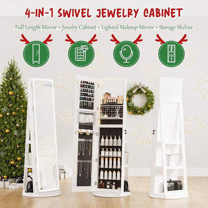 NUNU LAB LED Mirror Jewelry Cabinet Standing, Jewelry Armoire with Full Length Mirror, 360° Swivel Jewelry Cabine with Adjustable LED Lights, Lockable Jewelry Organizer Storage, White