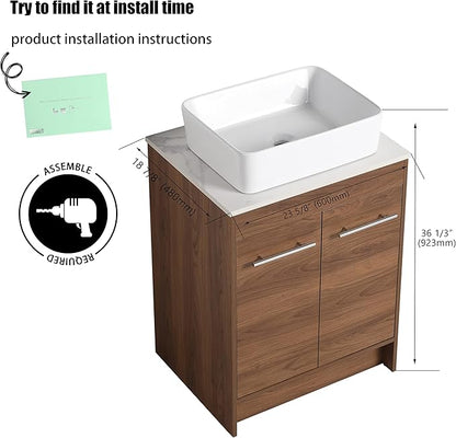 24" Bathroom Vanity, 24 Inch Freestanding Vanity with Ceramic Vessel Sink, Modern Single Sink Bathroom Vanity Combo, Brown Floor Stand Storage Cabinet Set(BRE110, 24 * 18)