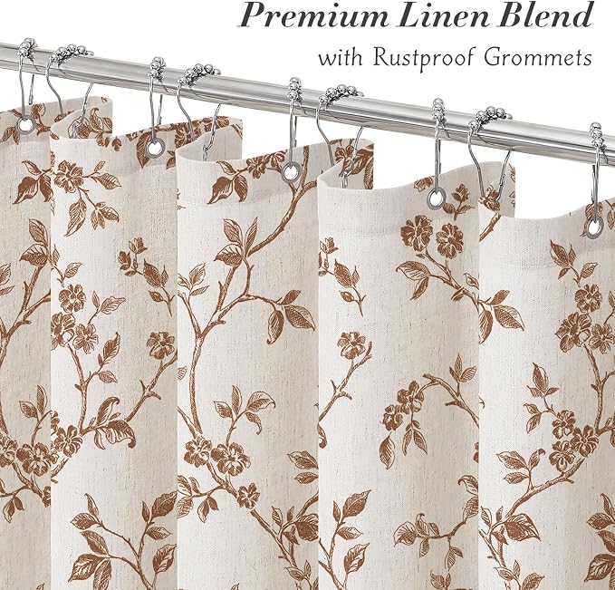 MitoVilla Brown Linen Floral Shower Curtain for Bathroom, 72 x 72 | Brown BoHo Cottagecore Spring Shower Curtains, Modern Farmhouse Country Plant Leaves Bathroom Décor, 72 x 72