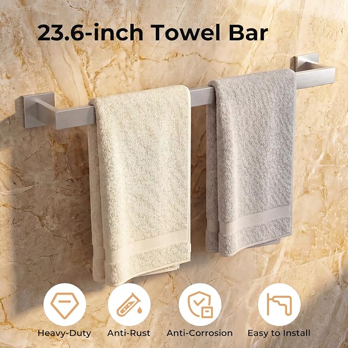 5-Piece Bathroom Hardware Set, 23.6 Inch Towel Bar Set SUS304 Stainless Steel Towel Racks for Bathroom Round Towel Bar, Towel Ring, Toilet Paper Holder, 2 Robe Hooks, Wall Mounted (Brushed Nickel)