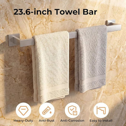 5-Piece Bathroom Hardware Set, 23.6 Inch Towel Bar Set SUS304 Stainless Steel Towel Racks for Bathroom Round Towel Bar, Towel Ring, Toilet Paper Holder, 2 Robe Hooks, Wall Mounted (Brushed Nickel)
