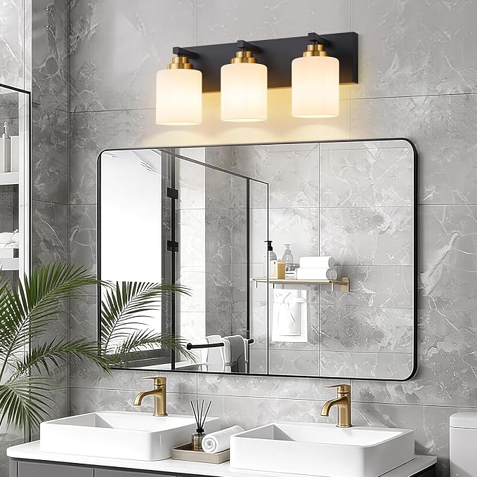 Vanity Lights for Bathroom, 3-Light Black and Gold Bathroom Vanity Light Over Mirror with Milky White Glass Shades, Modern Bathroom Light Fixtures for Living Room Hallway Cabinet (Bulbs Not Included)