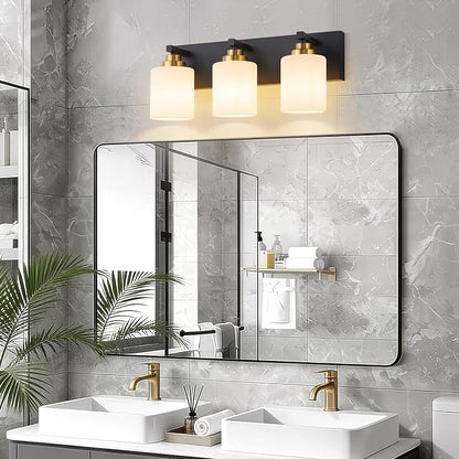 Vanity Lights for Bathroom, 3-Light Black and Gold Bathroom Vanity Light Over Mirror with Milky White Glass Shades, Modern Bathroom Light Fixtures for Living Room Hallway Cabinet (Bulbs Not Included)