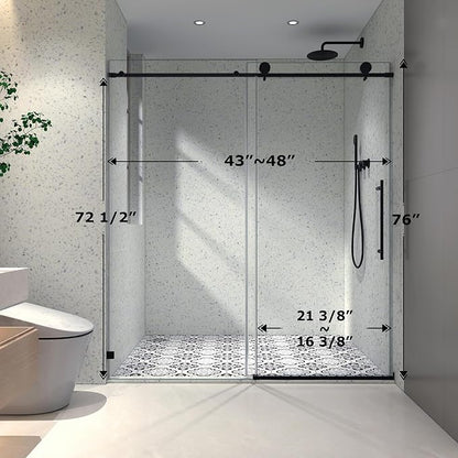43"-48" Wx 76" H Frameless Single Sliding Shower Door with Adjustable Soft Closing Design and 70MM 304 Large Pulleys,Glass Shower Door W/Explosion-Proof Film Nano Coating,Matte Black