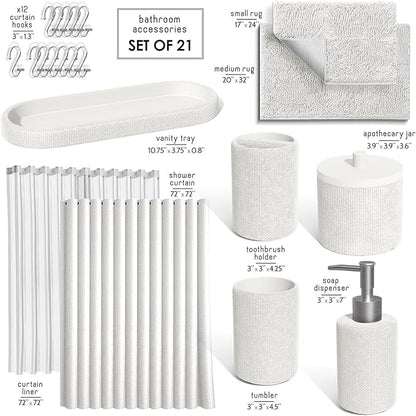 Clara Clark White Bathroom Set - Bathroom Sets with Shower Curtain and Rugs, 21PC Bathroom Accessory Set, Shower Curtain Set with Soap Dispenser & Toothbrush Holder