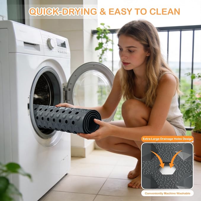 Yimobra Bathtub Mat Non Slip, 34.5"X15.5" Long Shower Mat for Inside Shower, Machine Washable Bath Mat with Drain Holes & Strong Suction Cups, Soft on Feet, Bathroom Essentials, Dark Grey