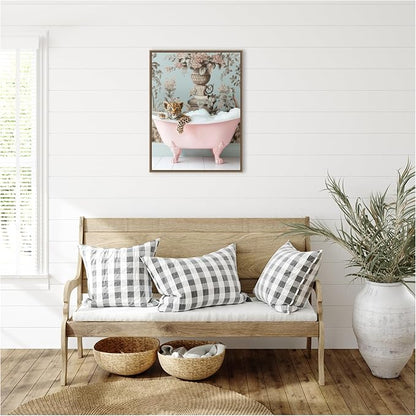 Amanti Art Framed Canvas Wall Art 30x23 Leopard Pink Bubble Bath by Niky Rahner, Framed Wall Art Canvas, Animals Artwork, Traditional Decor, Large Poster Painting for Living Room, Bedroom, Bathroom