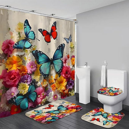Chrainy 4pcs Flower Butterflies Shower Cutain Set Bathroom Decor with Rugs | Floral Bath Accessories with Waterproof Curtain, Bath Mat, Toilet Lid Cover, U-Shaped Rug and 12 Hooks for Washroom, 71*71in