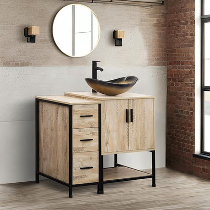 UEV 36" Rustic Oak Bathroom Vanity with Sink Combo,Industrial Iron Frame Bathroom Cabinet Sets with 3 Drawers Side Cabinet,Modern Champagne Boat Tempered Glass Vessel Sink(029CH