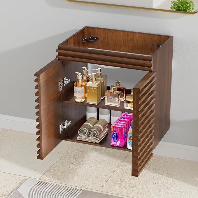 ROOMTEC 24" Bathroom Vanity, Mid-Century Wall Mounted Floating Cabinet with 2 Closing Doors, Wood Grain Texture, Walnut (Sink Basin Not Included)