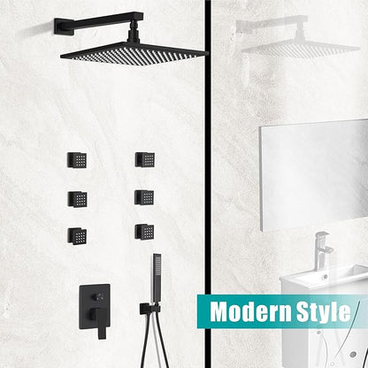 SKOWLL Rainfall Shower Faucet with 6 Full Body Jet Spray, 12 Inch LED Rain Shower Head with Handheld Spray Combo, Wall Mount Matte Black Shower Faucet Set