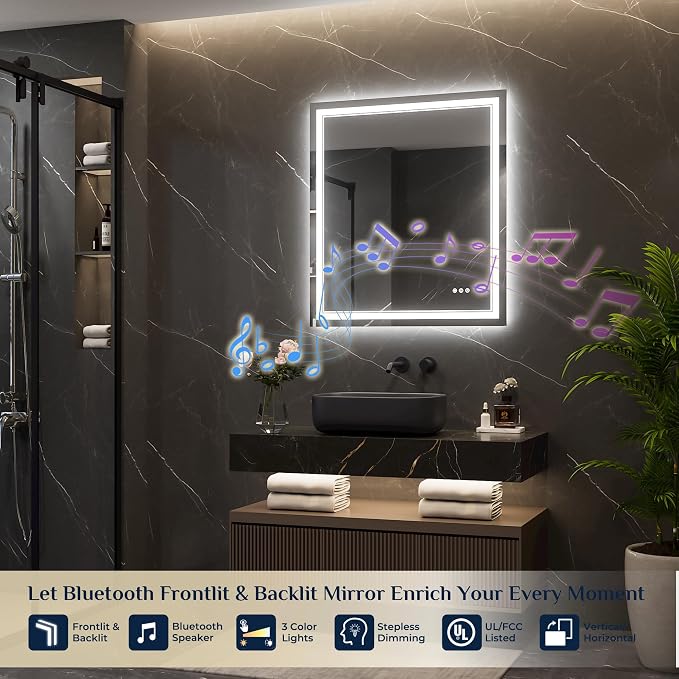 Keonjinn 32 x 36 Inch LED Bathroom Mirror with Lights, Frontlit & Backlit | Bluetooth Speaker, Bluetooth Mirror Bathroom, Stepless Dimmable 3-Color Lights, Tempered Glass, Fast & Safe Defogging, CRI90+