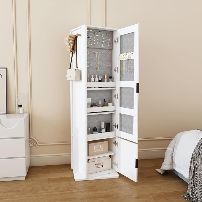 360° Swivel Jewelry Cabinet, Rotatable Jewelry Organizer Armoire Standing with Full Length Mirror, Makeup Cabinet with Jewelry Storage, Coat Rack, 4 Open Shelves and 2 Built-in Cabinets, White