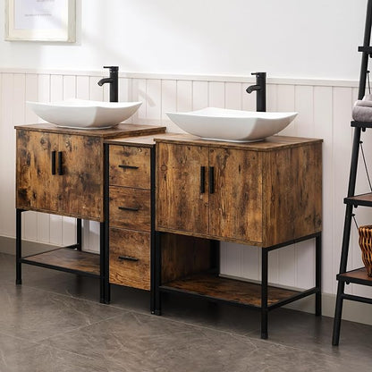 UEV Rustic Brown 60" Double Bathroom Vanity with Sink Combo,Industrial Iron Frame 2 Main Bathroom Vanity with Middle 3 Drawers Cabinet,Modern Artistic Ceramic Vessel Sink(032WH)