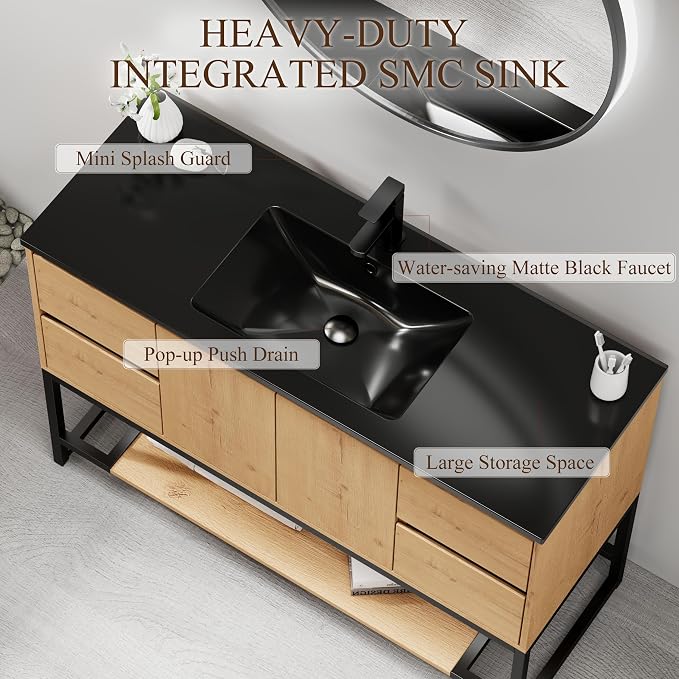 LUCKWIND 48" Modern Bathroom Vanity with Single Black Sink Combo, Freestanding Storage Cabinet with Metal Frame, Matte Black Faucet and Open Shelf and 2 Soft-Closing Door, Natural
