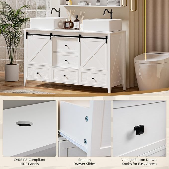 VNN Bathroom Vanity with Sink - 60 Inch Bathroom Vanity Double Sink Ceramic, Freestanding Cabinet with 2 Farmhouse Sliding Barn Doors and 5 Drawers, Space-Saving Storage Cabinet, White Wood Grain