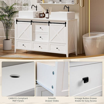 VNN Bathroom Vanity with Sink - 60 Inch Bathroom Vanity Double Sink Ceramic, Freestanding Cabinet with 2 Farmhouse Sliding Barn Doors and 5 Drawers, Space-Saving Storage Cabinet, White Wood Grain
