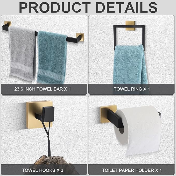 Gisafai 5 Pcs Black Gold Bathroom Hardware Accessories Set 23.6 Inch Bath Towel Bar Kit Stainless Steel Bathroom Hardware Set Towel Racks Ring Robe Hooks Paper Holder for Wall Mounted