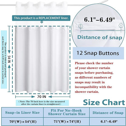 Conbo Mio 1 Pack Hotel Fabric Snap in Shower Curtain Liner Replacement Removable Water Repellent Liner for Bathroom Shower Curtain Liner 70W X 54H