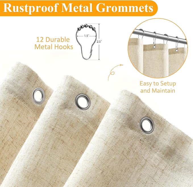Extra Long Linen Shower Curtain, 72x96 Inch Beige Weighted Textured Thick Fabric Shower Curtain Set with Hooks, Large Boho Farmhouse Hotel Luxury Bath Curtains for Bathroom, Cream