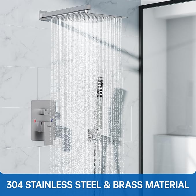 Hawkrown 12 Inch Luxury Rain Shower Faucet Set, Brushed Nickel Shower System with Rainfall Shower Head and Handheld Spray, SUS304 Stainless Steel and Solid Brass Wall Mounted Shower Valve Trim Kit