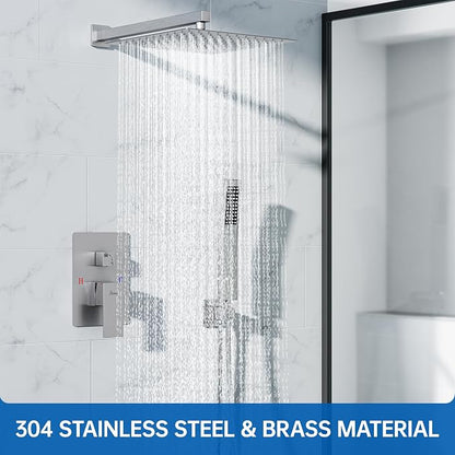 Hawkrown 12 Inch Luxury Rain Shower Faucet Set, Brushed Nickel Shower System with Rainfall Shower Head and Handheld Spray, SUS304 Stainless Steel and Solid Brass Wall Mounted Shower Valve Trim Kit