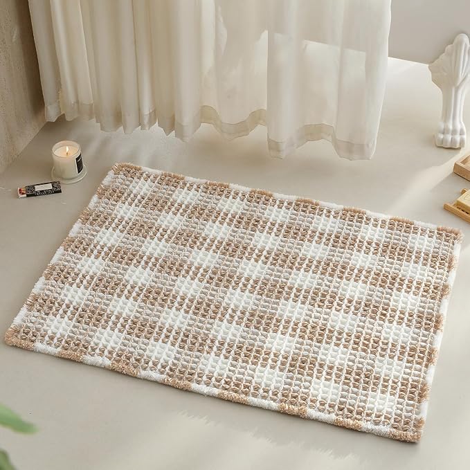 TYUU Waffle Bath Mat, Boho Bathroom Rugs Non Slip, 36x24 Khaki & White | Super Absorbent Quick Dry Bath Rug, Non-Slip Backing, Soft Waffle Washable Farmhouse Bathroom Mats, Tub, Shower & Home Decor