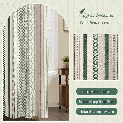 Dark Green Boho Shower Curtain for Bathroom, Linen Striped Print and Twine-Inspired Woven Center,72" W x 72" L