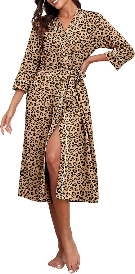 PrinStory Robes for Women 3/4 Sleeve Long Bath Robe XS-4XL | V-Neck Knit Bathrobe with Pockets, Lightweight, Soft, Breathable Robes for Shower, Spa, Travel, Home, Party, Nursing