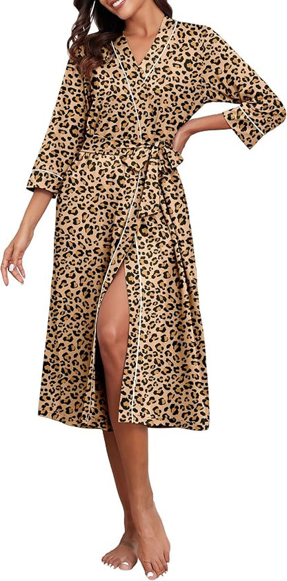 PrinStory Robes for Women 3/4 Sleeve Long Bath Robe XS-4XL | V-Neck Knit Bathrobe with Pockets, Lightweight, Soft, Breathable Robes for Shower, Spa, Travel, Home, Party, Nursing