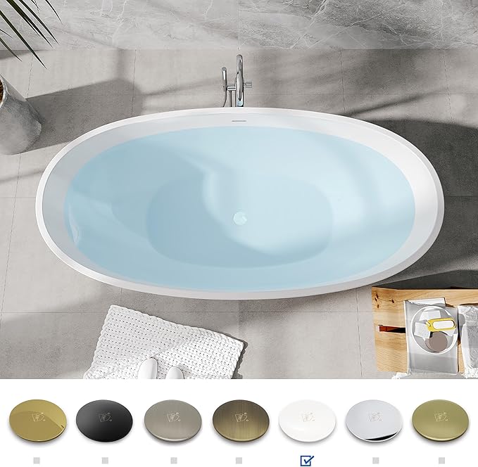 FerdY Koh Samui 65" Freestanding Bathtub, Elegant Oval Shape, Double Walled Insulation Bathtub with Center Polished White & Minimalist Linear Design Overflow