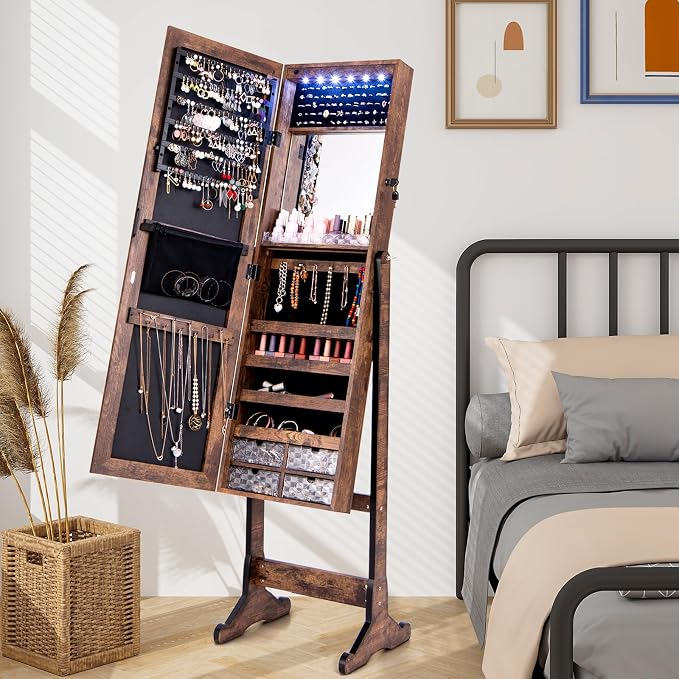 CHARMAID Jewelry Armoire Cabinet with Full Length Mirror, 6 LEDs Standing Lockable Jewelry Organizer with Vanity Makeup Mirror, 4 Storage Drawers, 4 Shelves, Lipstick Tray, 4 Angles (Rustic Brown)