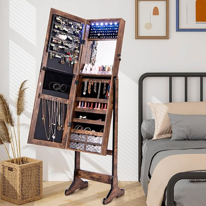 CHARMAID Jewelry Armoire Cabinet with Full Length Mirror, 6 LEDs Standing Lockable Jewelry Organizer with Vanity Makeup Mirror, 4 Storage Drawers, 4 Shelves, Lipstick Tray, 4 Angles (Rustic Brown)