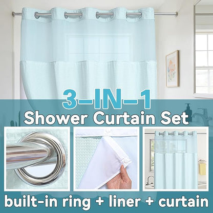 Conbo Mio No Hook Waffle Weave Shower Curtain with Snap in Liner Set, Hotel Luxury Blue Shower Curtains for Bathroom with See Through Top Window, Waterproof, Washable 71W x 74H