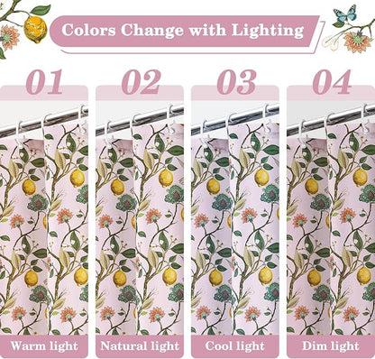 Pink Floral Bird Shower Curtain 72x72, Hummingbird and Lemon Botanical Fabric Bath Curtains, Lightweight Quick-Dry Bathroom Decor Set with Hooks