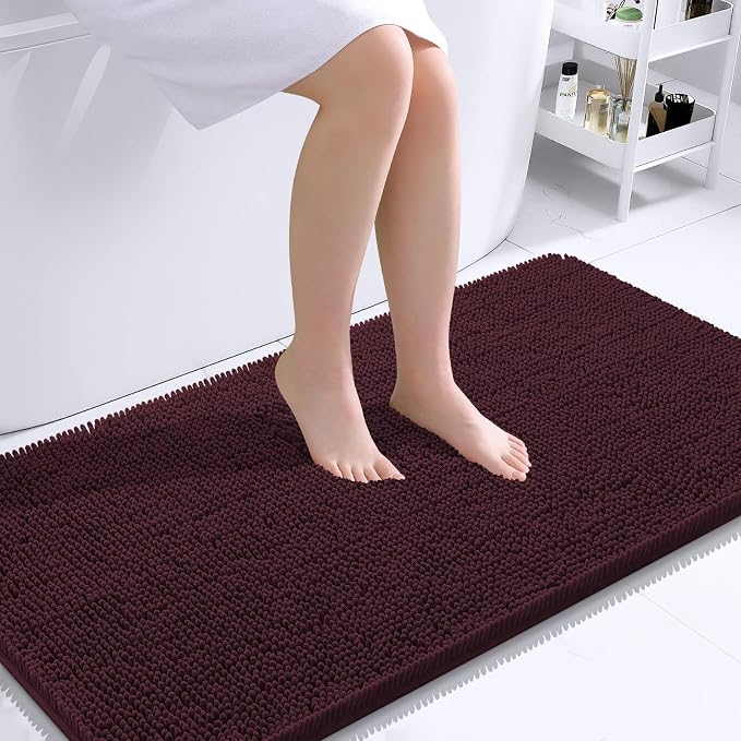 OLANLY Bathroom Runner Rugs 44x24, Soft Absorbent Chenille Bath Rugs, Rubber Backing Quick Dry, Machine Washable Long Bath Mats for Bathroom Floor, Tub and Shower, Home Decor Accessories, Black Cherry | Black Cherry, Quick-Drying Rubber Backing, Washab...