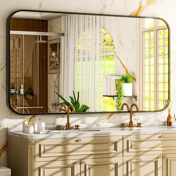 Easly 30 x 48 Inch Bathroom Mirror, Rounded Rectangular Vanity Mirror for Wall, Modern Mirror for Room Decor, Black Framed Wall-Mounted Mirrors for Home Decor, Hangs Horizontally or Vertically