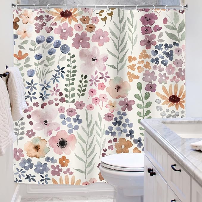 Cute Floral Flower Watercolor Spring Botanical Bathroom Shower Curtain Set | 72"W x 72"H Rustic Plant; waterproof HD print, quick-dry fabric with 12 hooks for easy hanging.