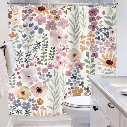 Cute Floral Flower Watercolor Spring Botanical Bathroom Shower Curtain Set | 72"W x 72"H Rustic Plant; waterproof HD print, quick-dry fabric with 12 hooks for easy hanging.