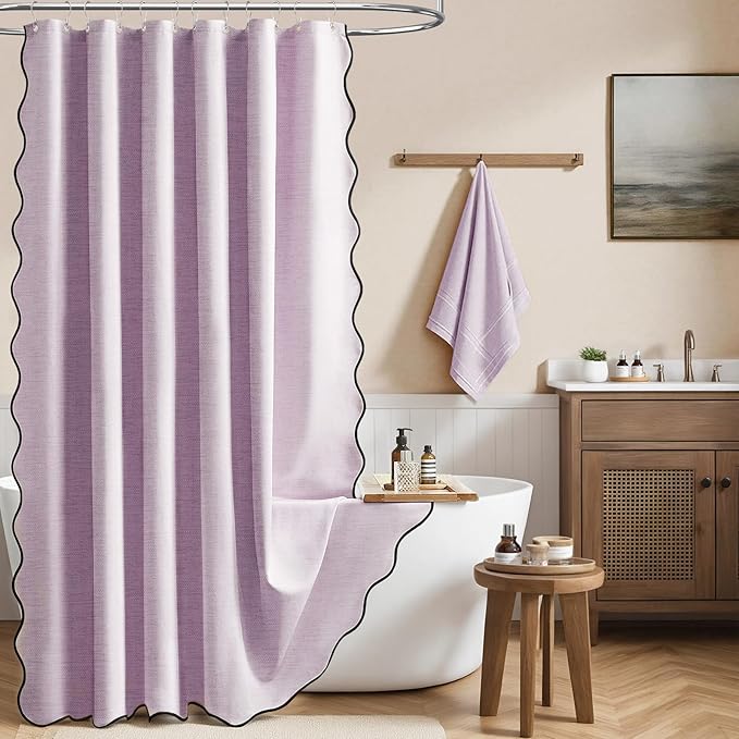BTTN 72x90 Boho Scalloped Linen Textured Cloth Shower Curtain Set, Lavender | Long Size, 230GSM Waterproof Polyester, Heavy Duty Fabric, 12 Plastic Hooks, Elegant Modern Farmhouse Style, Machine Washable