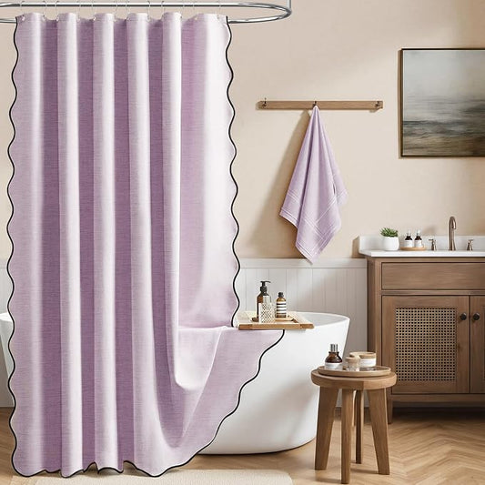 BTTN 72x80 Boho Scalloped Linen Textured Cloth Shower Curtain Set, Lavender | Long Size, 230GSM Waterproof Polyester, Heavy Duty Fabric, 12 Plastic Hooks, Elegant Modern Farmhouse Style, Machine Washable