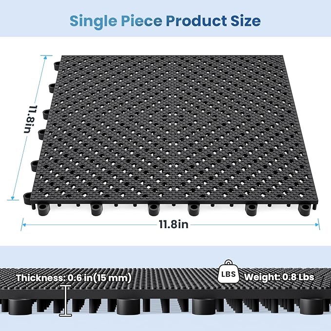 60-Pcs Interlocking Tile, Indoor/Outdoor Drainage Interlocking Floor Tiles 11.8" x 11.8", Anti-Slip Waterproof Soft PVC Splicing Flooring Tile for Garage Patio Pool Bathroom, Black
