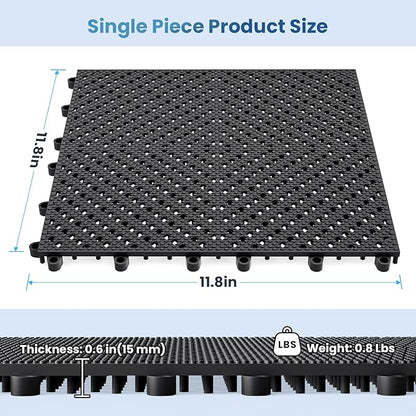 12-Pcs Interlocking Tile, Indoor/Outdoor Drainage Interlocking Floor Tiles 11.8" x 11.8", Anti-Slip Waterproof Soft PVC Splicing Flooring Tile for Garage Patio Pool Bathroom, Black