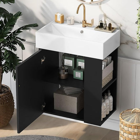 Merax 20" Bathroom Vanities with Sink Top, Wall Mounted Floating Sink Cabinet, Bathroom Cabinet with Doors & Side Storage, Soft-Close System, Black