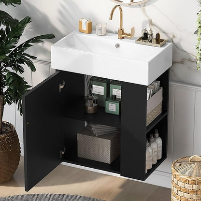 Harper & Bright Designs 21.6" Bathroom Vanity with Sink, Wall-Mounted Single Basin Vanity Set with Cabinet & Two-Tier Right Side Storage Shelf, Storage Cabinet with Ceramic Basin for Bathroom, Black