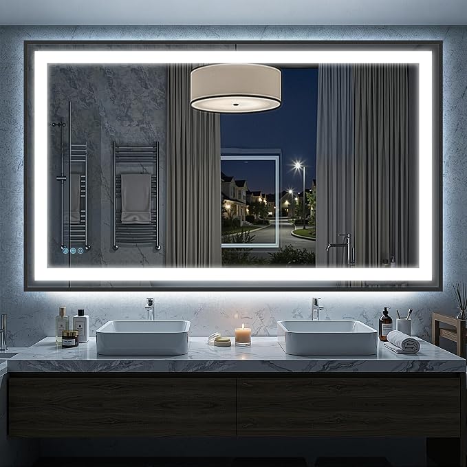 Antok 60X36 LED Bathroom Mirror with Lights, Vanity Mirror for Wall with Black Frame, Touch Control, Anti-Fog, Dimmable Lights, Shatter-Proof, Memory Function, Wall-Mounted Vanity Mirrors