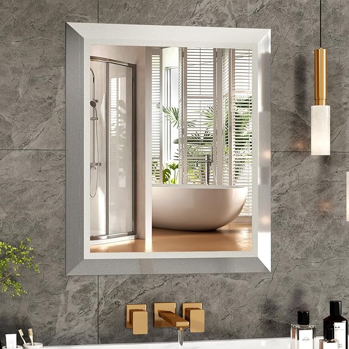 SMIROR 20x24 Brushed Silver Bathroom Vanity Mirror for Over Sink | Metal Wide Frame, Rectangle, Right- Angle Corner, Anti-Rust, Horizontally or Vertically Wall- Mounted for Home Remodel