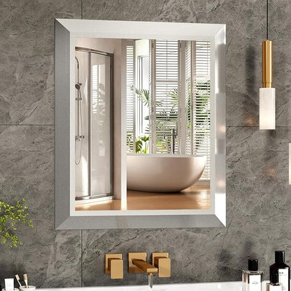 SMIROR 20x24 Brushed Silver Bathroom Vanity Mirror for Over Sink | Metal Wide Frame, Rectangle, Right- Angle Corner, Anti-Rust, Horizontally or Vertically Wall- Mounted for Home Remodel
